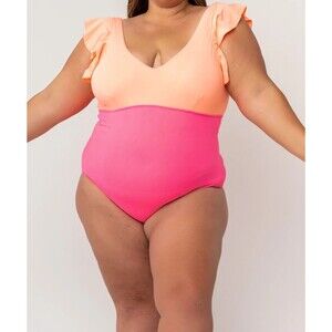 Coral Reef Swim Plus Size One Piece Swimsuit Pink Orange Ruffle Size 3XL 22/24